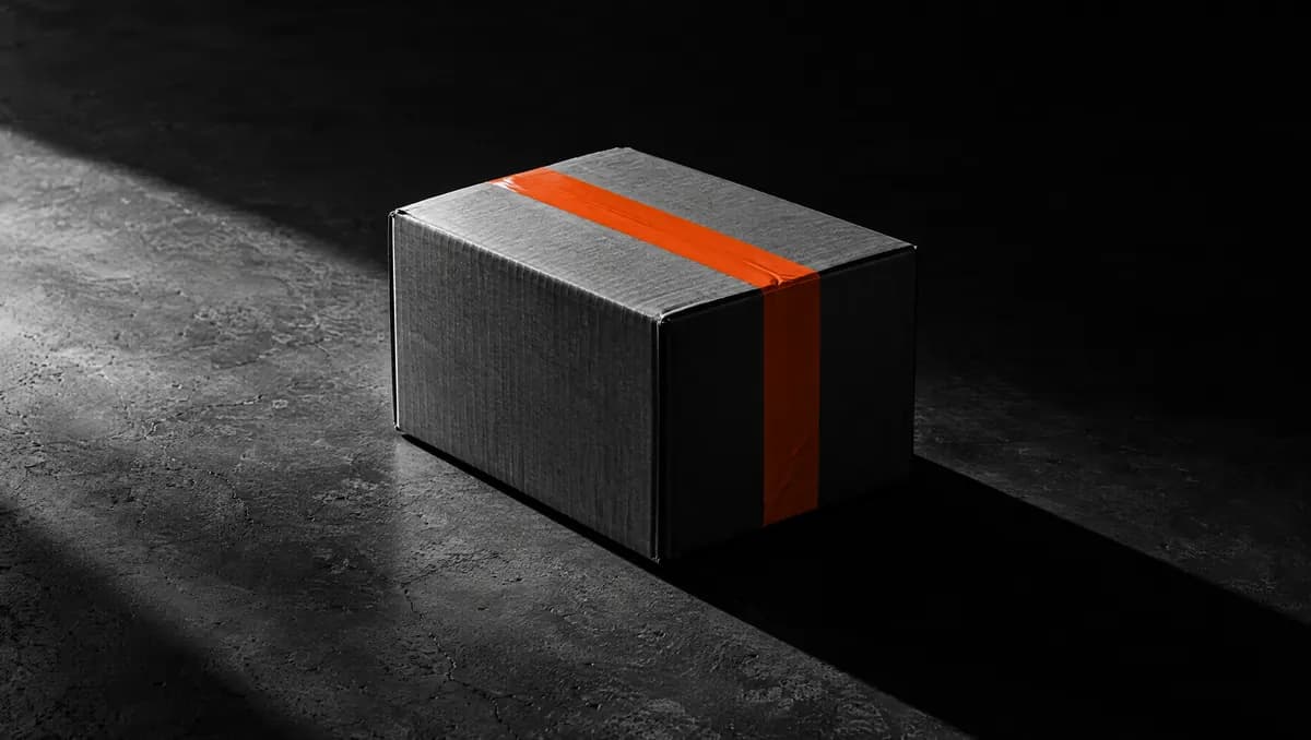 Still-life em preto e branco de uma caixa de papelão com uma fita de embalagem em laranja, único recorte de cor da cena