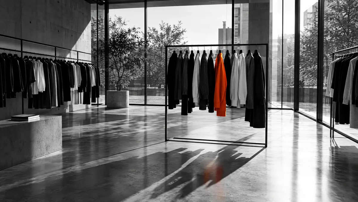 Interior de loja minimalista em preto e branco com uma arara de roupas onde uma única peça aparece em laranja
