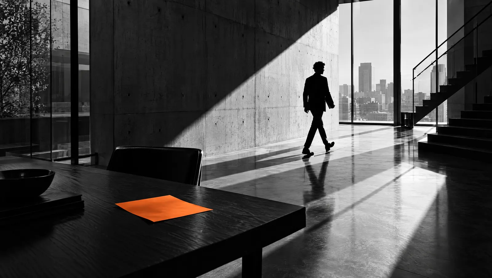 Fotografia editorial em preto e branco de ambiente arquitetônico com luz dura diagonal e um único recorte de cor laranja